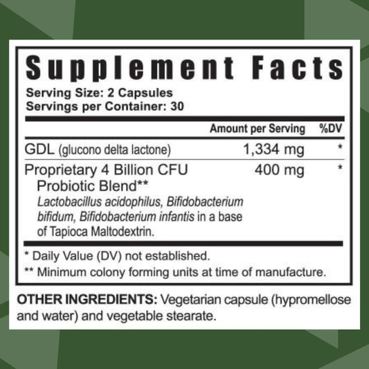 Youngevity Ultimate Flora FX bottle back shows ingredients and serving details for digestive health planning.