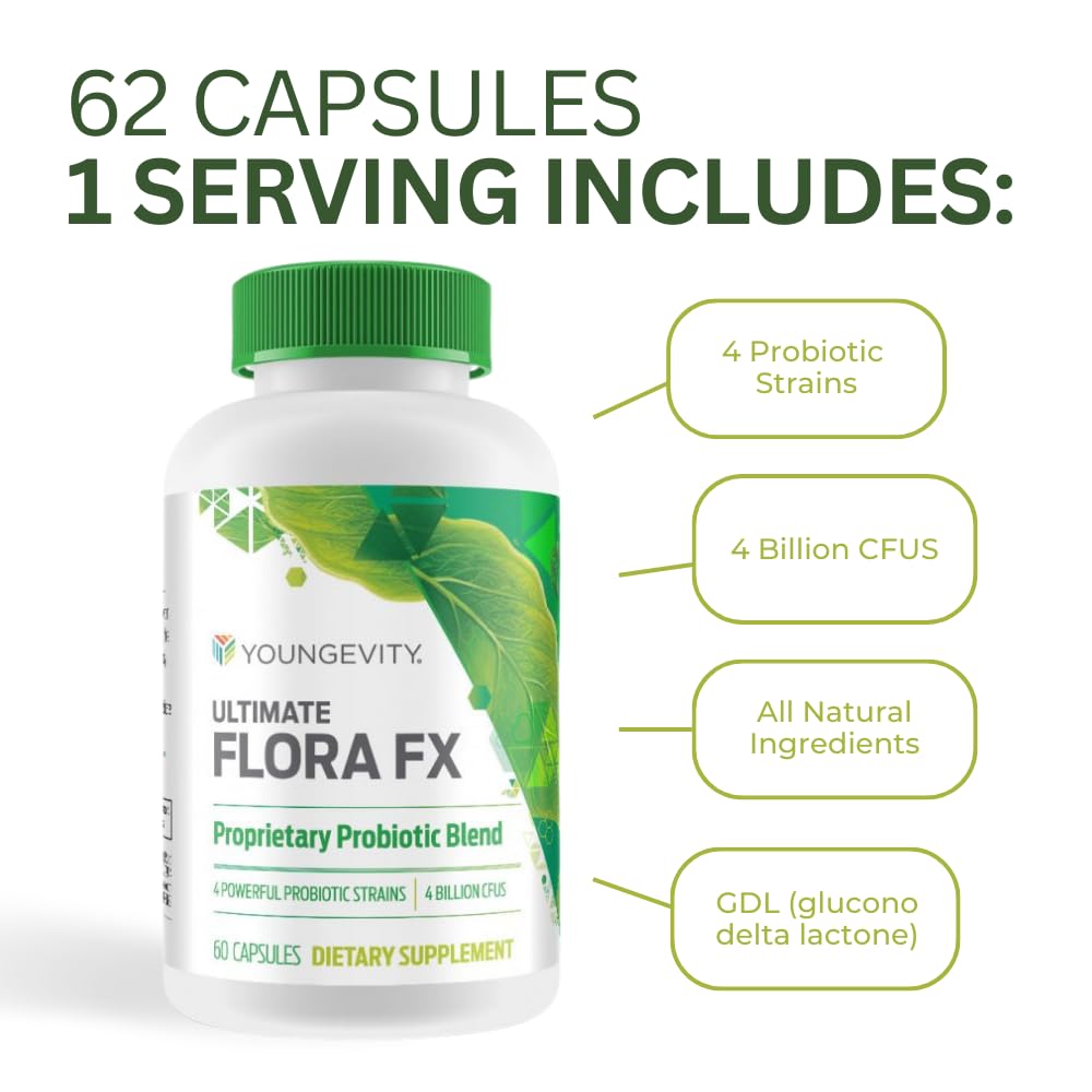 Youngevity Ultimate Flora FX packaging emphasizes the four bottle bundle for convenient daily routines.