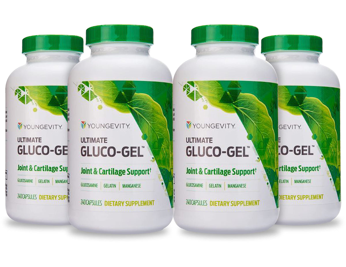 Youngevity Ultimate Gluco-Gel bottle front, highlighting daily gelatin dose and overall health routine.