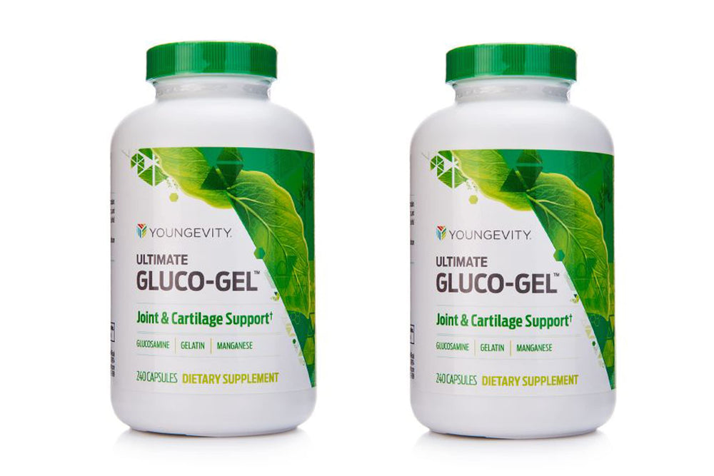 Youngevity Ultimate Gluco Gel bottle front highlights a gelatin-based formula for everyday joint support