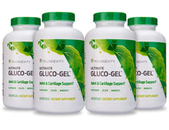 Youngevity Ultimate Gluco-Gel bottle front, highlighting daily gelatin dose and overall health routine.