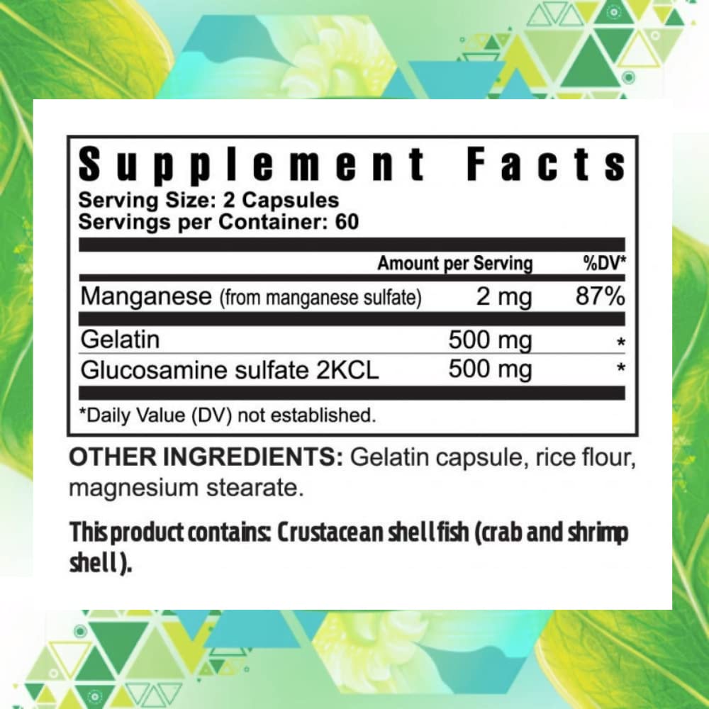 Capsule close-up showing gelatin, glucosamine, and manganese ingredients.