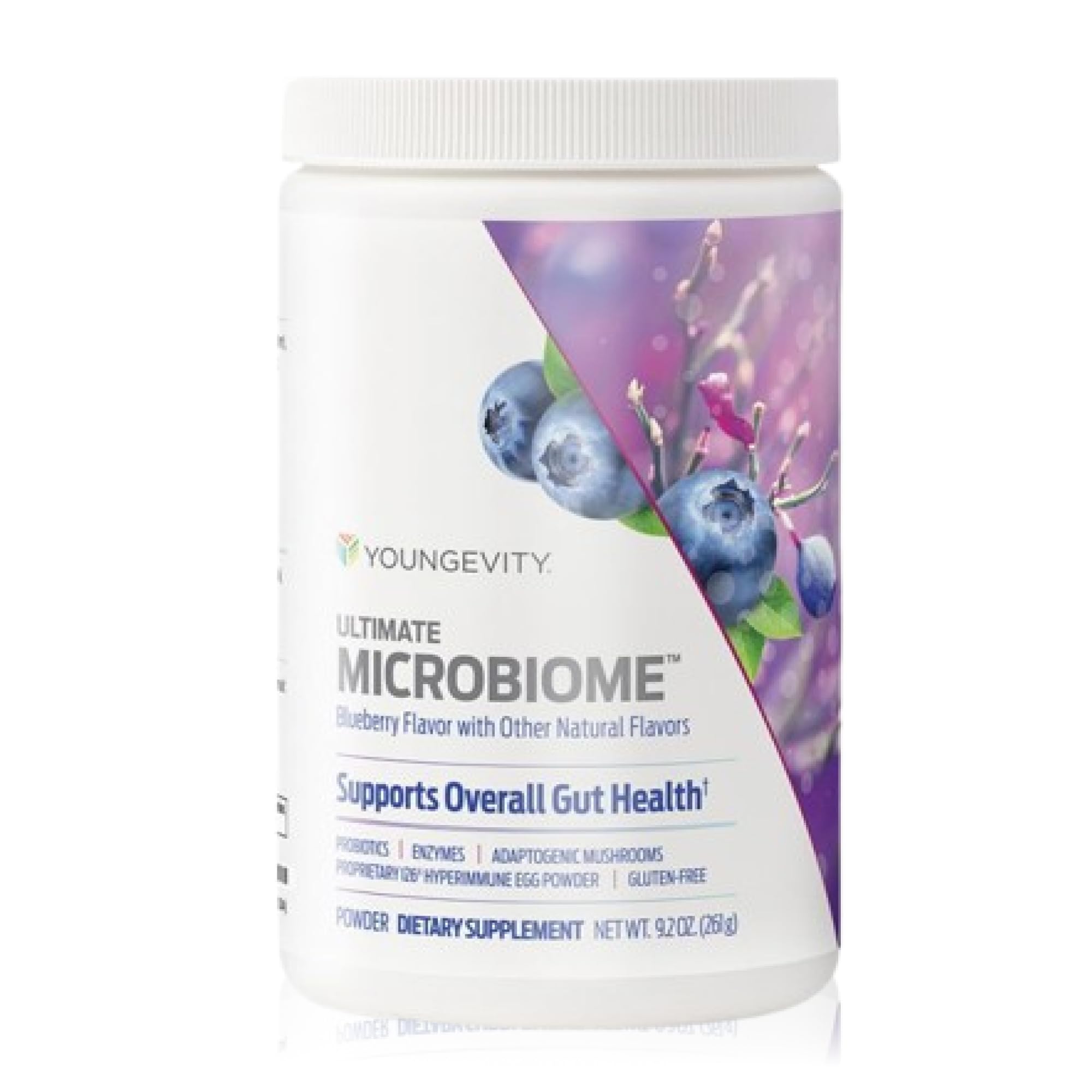 Youngevity Ultimate Microbiome bottle close-up highlighting gut support.