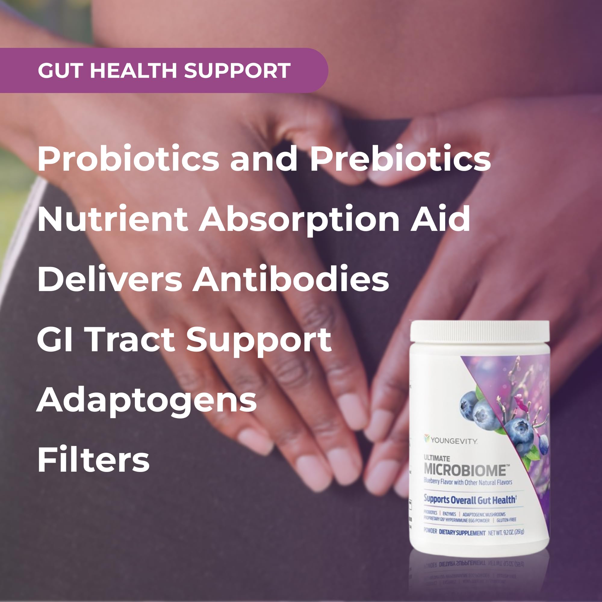 Youngevity Ultimate Microbiome gut illustration represents digestive balance.