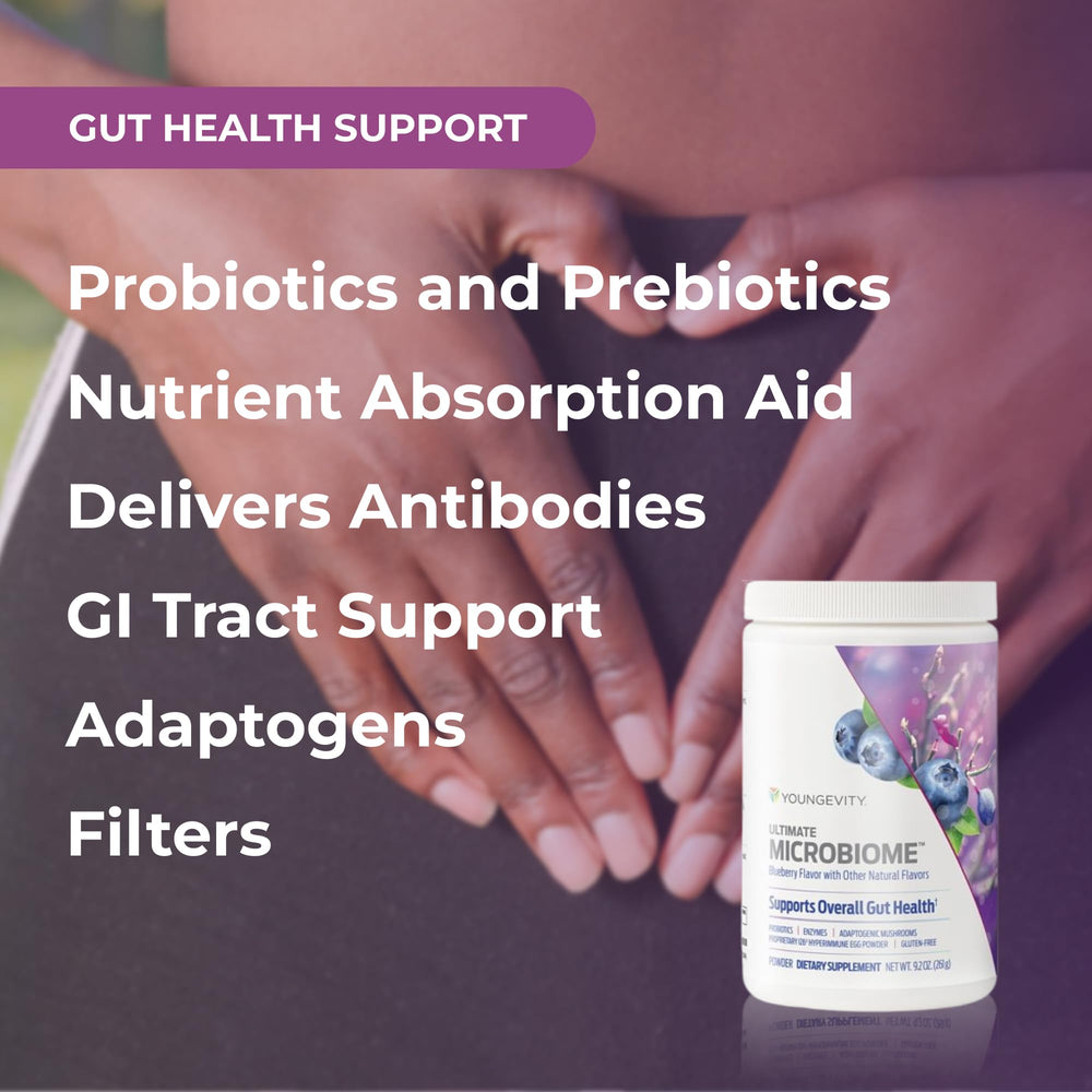 Youngevity Ultimate Microbiome gut illustration represents digestive balance.