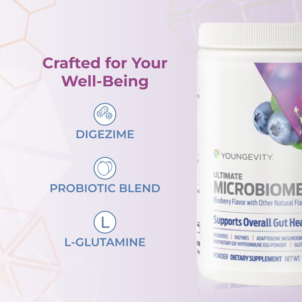 Youngevity Ultimate Microbiome probiotic image emphasizes 50 Billion CFU potency.