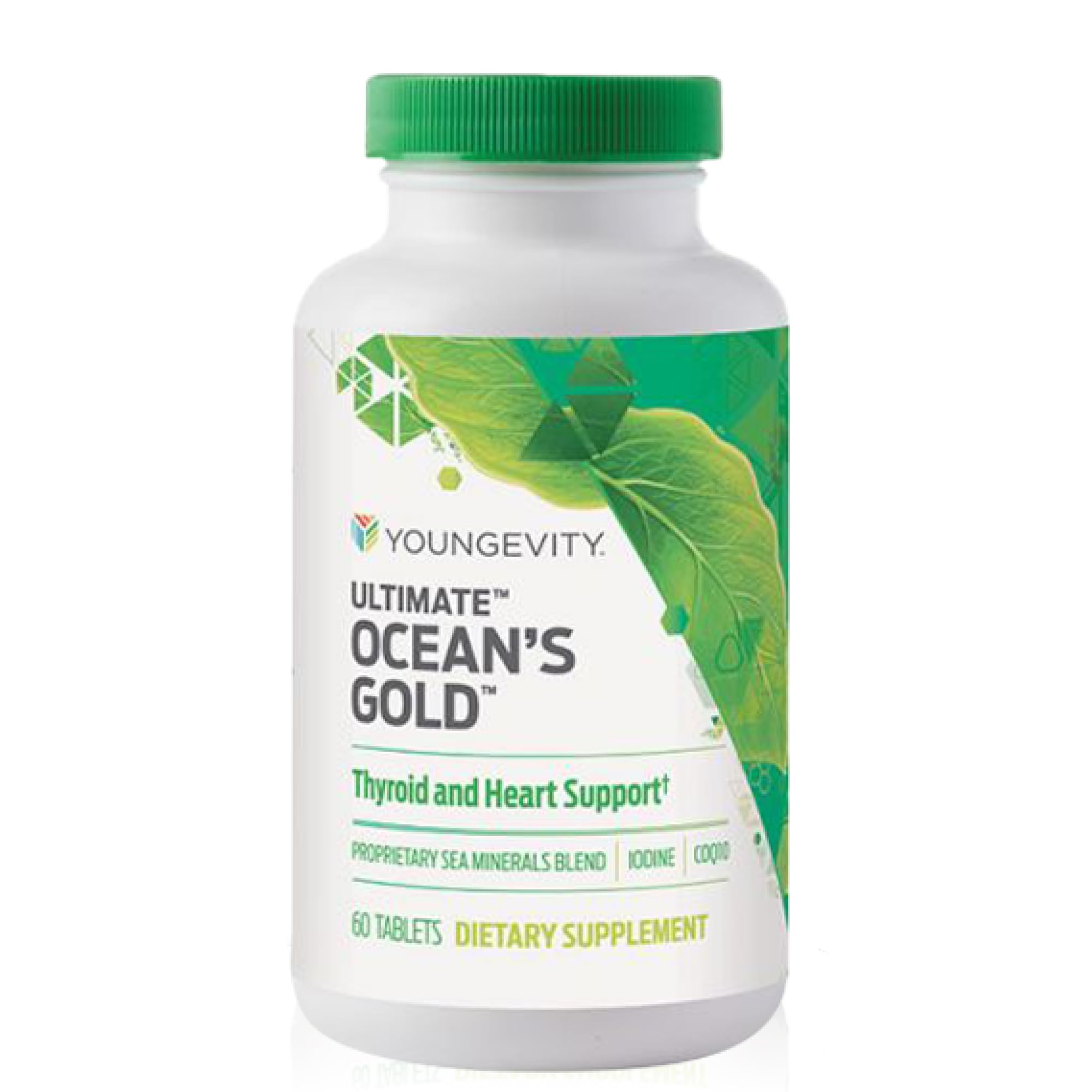 Youngevity Ultimate Ocean's Gold bottle on a kitchen counter supporting thyroid health.