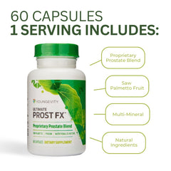 Ingredients list of Youngevity Ultimate Prost Fx highlighting the herbal blend.