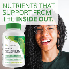 Youngevity Ultimate Selenium bottle features immune defense and cellular health benefits