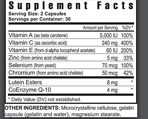 Close-up of Vision FX capsules highlighting lutein and CoQ10 for eye nutrition.