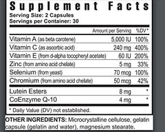 Close-up of Vision FX capsules highlighting lutein and CoQ10 for eye nutrition.