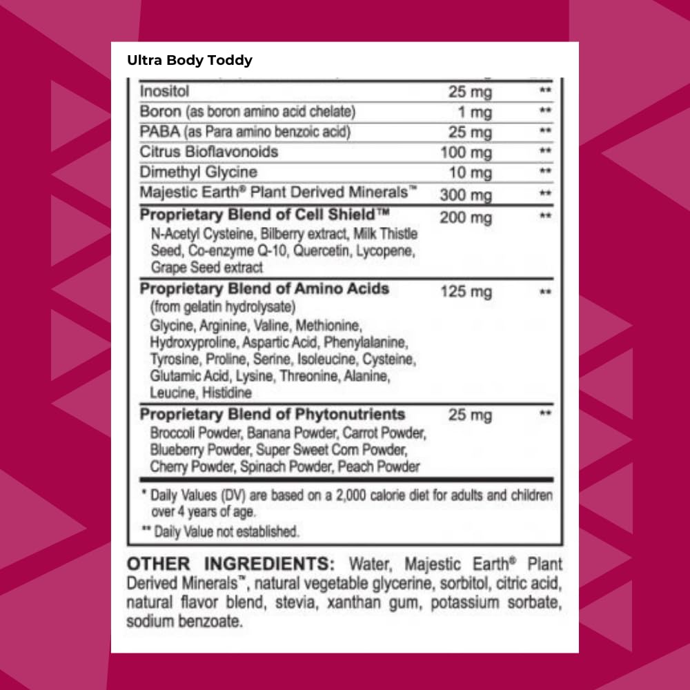 Close-up of Youngevity Ultra Body Toddy label highlights minerals and phytonutrients.