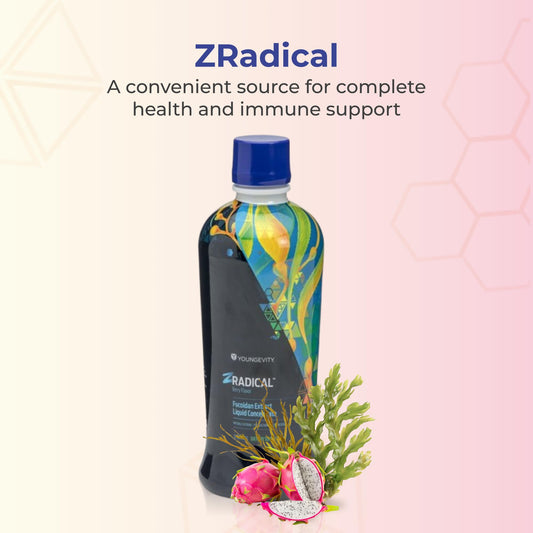 Youngevity ZRadical fucoidan ingredients panel highlights cofactors like Vitamin C and B vitamins