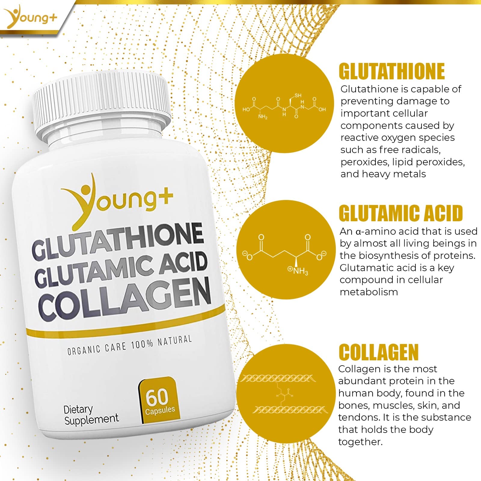 Young+ Collagen bottle emphasizing skin health and structural support.