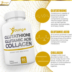 Young+ Collagen bottle emphasizing skin health and structural support.
