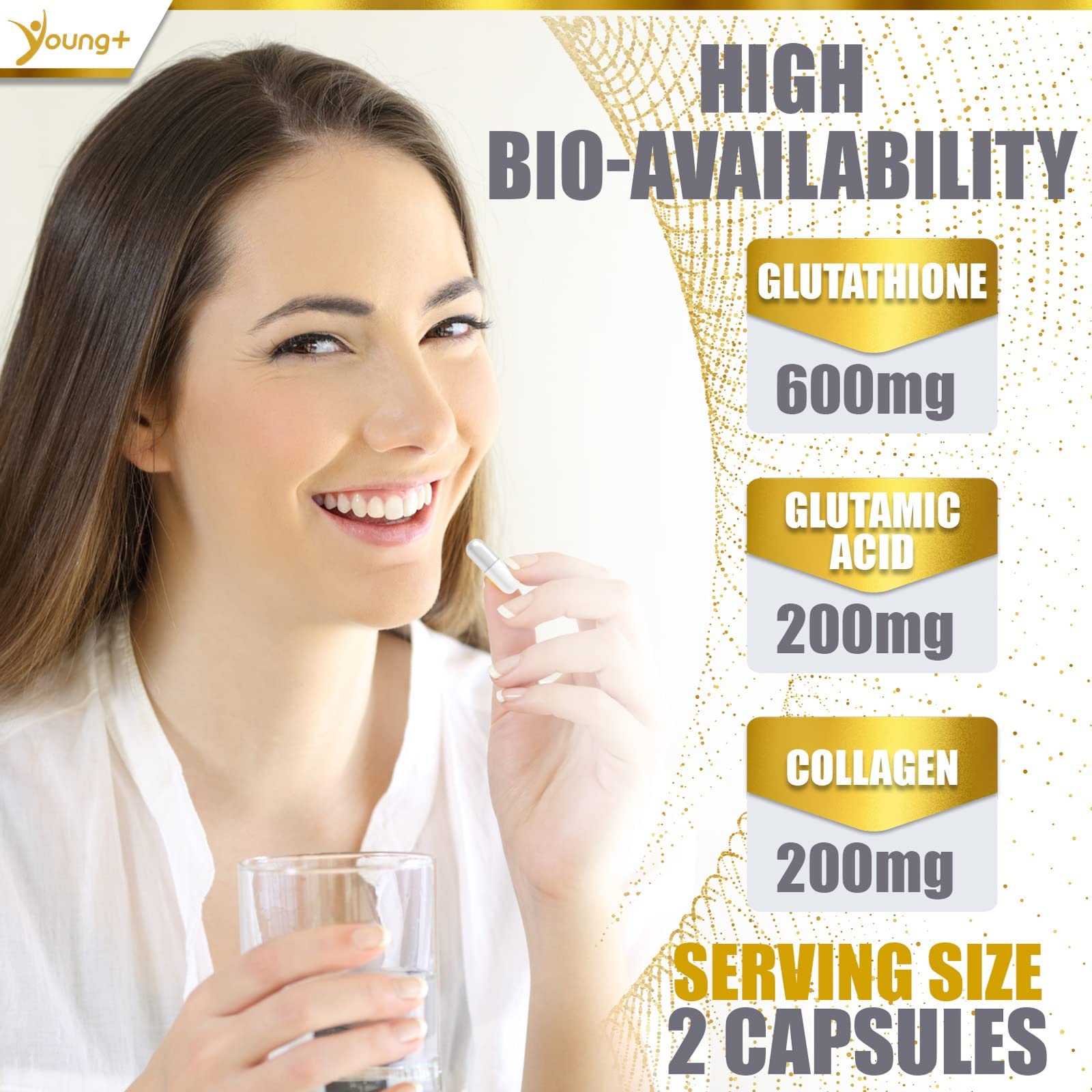 Young+ Glutamic Acid capsules held in hand for focus and nervous system use.