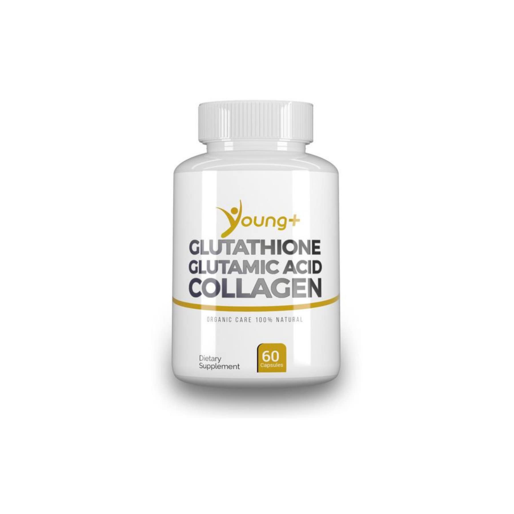 Young+ Glutathione capsules in bottle closeup highlighting antioxidant support potential.