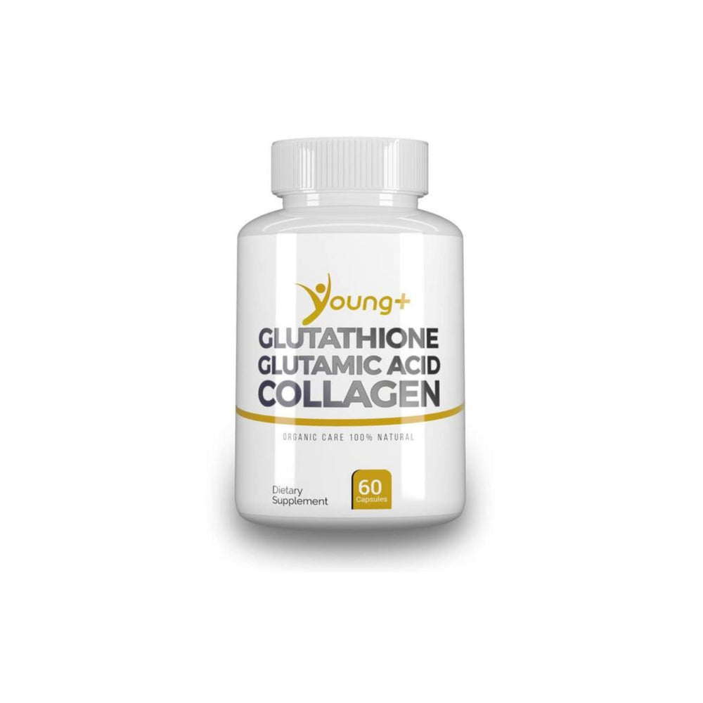 Young+ Glutathione capsules in bottle closeup highlighting antioxidant support potential.