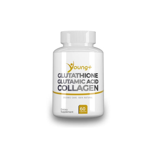 Young+ Glutathione capsules in bottle closeup highlighting antioxidant support potential.