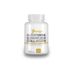 Young+ Glutathione capsules in bottle closeup highlighting antioxidant support potential.