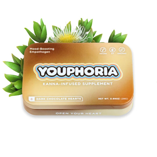 Youphoria dark chocolate hearts bottle shows 600 mg kanna for relaxation