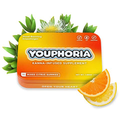 Youphoria Mixed Citrus Kanna Gummies bottle for on-the-go mood support.