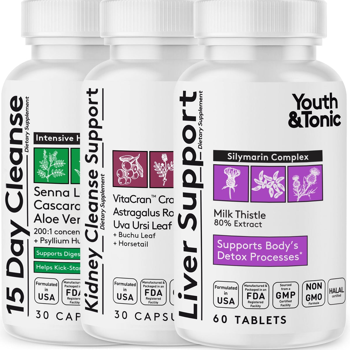 Youth & Tonic 3X Body Cleanse bottle front showing detox support for whole-body renewal