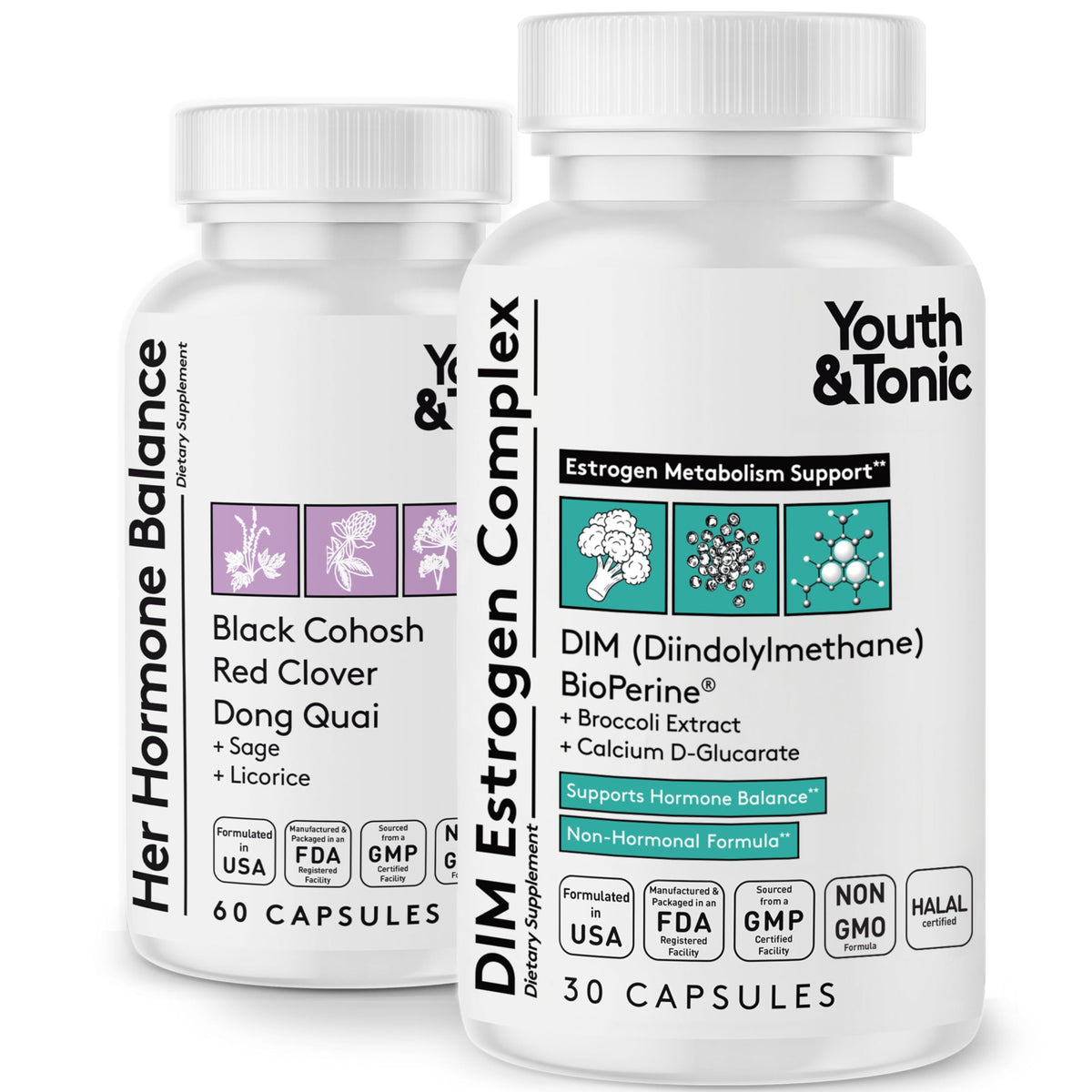 Youth & Tonic DIM supplement bottle highlighting estrogen metabolism support for menopause transition