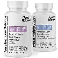 Youth & Tonic PMS duo bottle ready for daily bloating relief and balance.