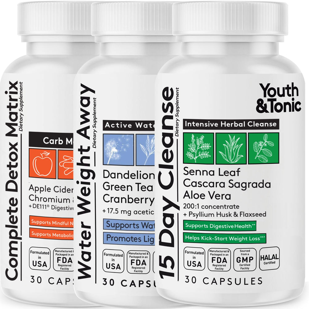 Youth & Tonic 3PK detox bottle on counter for a convenient cleanse kickoff.