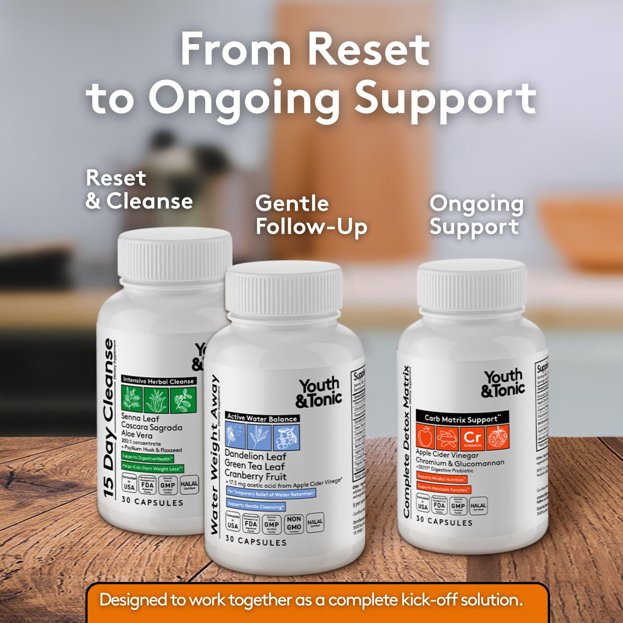 Youth & Tonic capsules on countertop with glass of water for daily metabolism support.