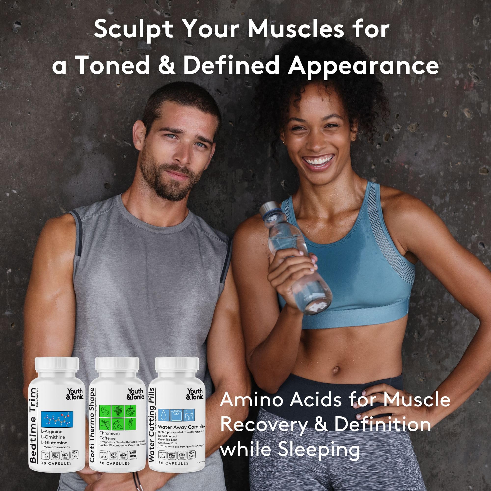 Youth & Tonic Bedtime Trim capsules on a nightstand for overnight recovery