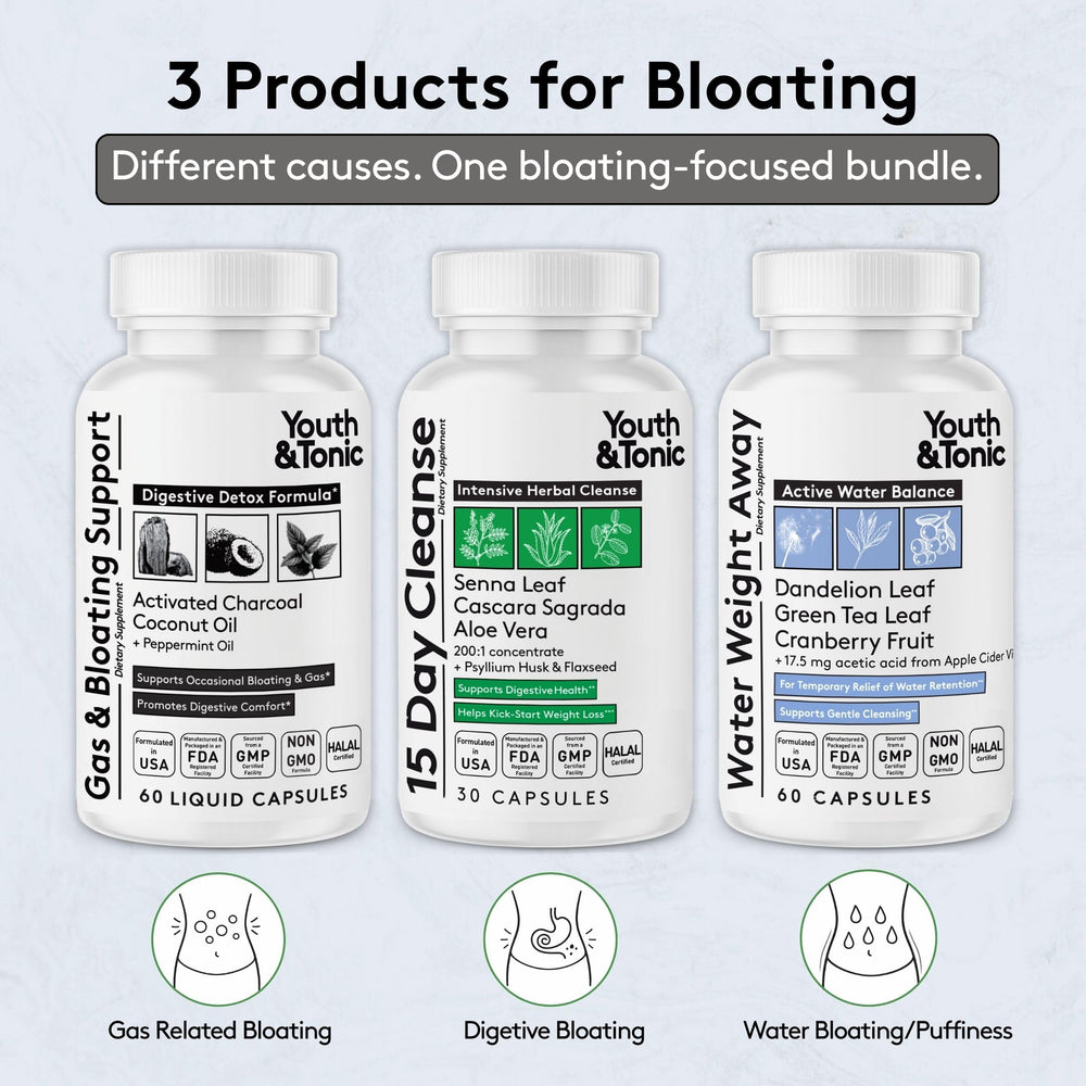 Closeup of Youth & Tonic Belly Bloating Relief capsules for convenient daily use