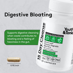Label closeup of Youth & Tonic Belly Bloating Relief highlighting usage and GMP