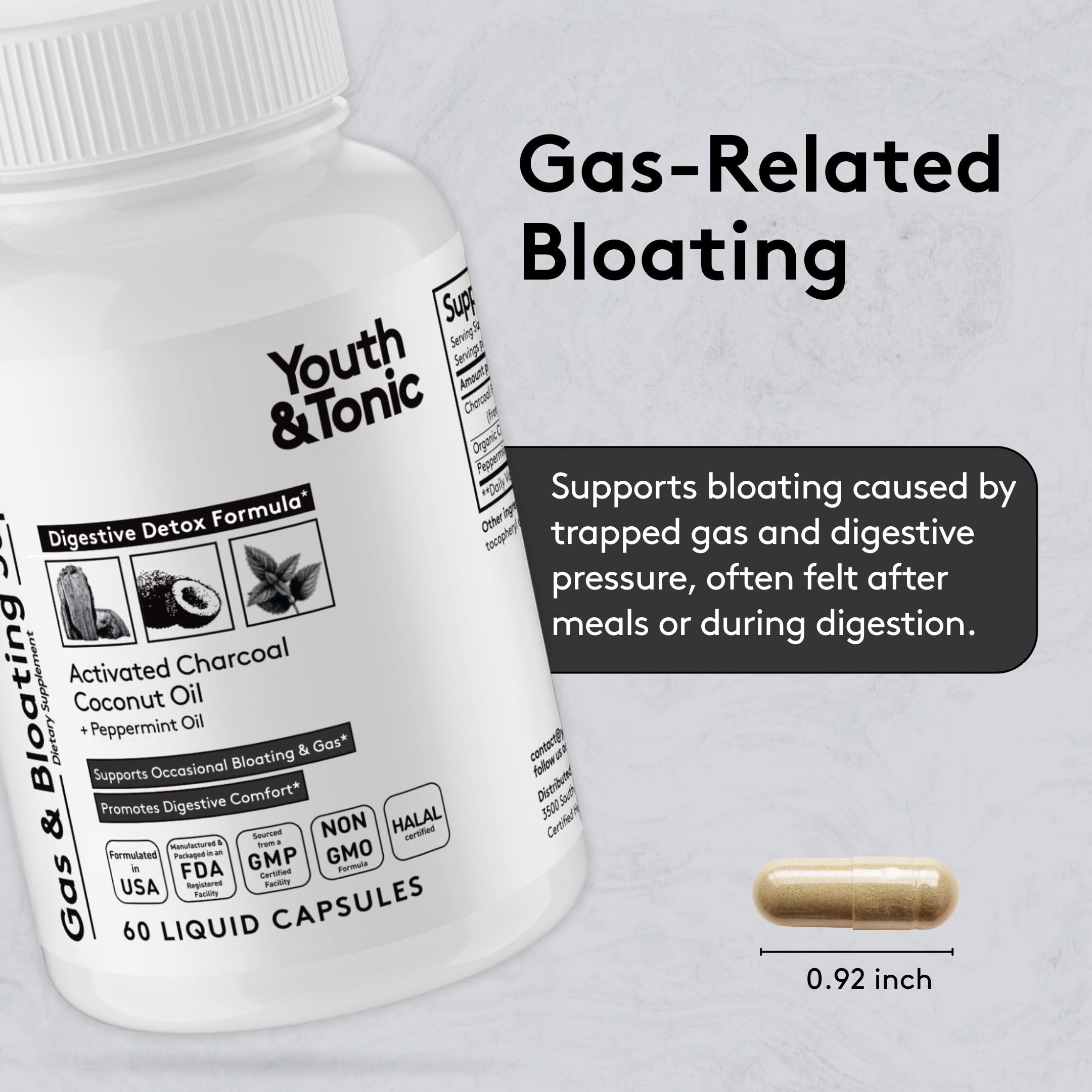 Pouring Youth & Tonic Belly Bloating Relief capsules for meal-time relief