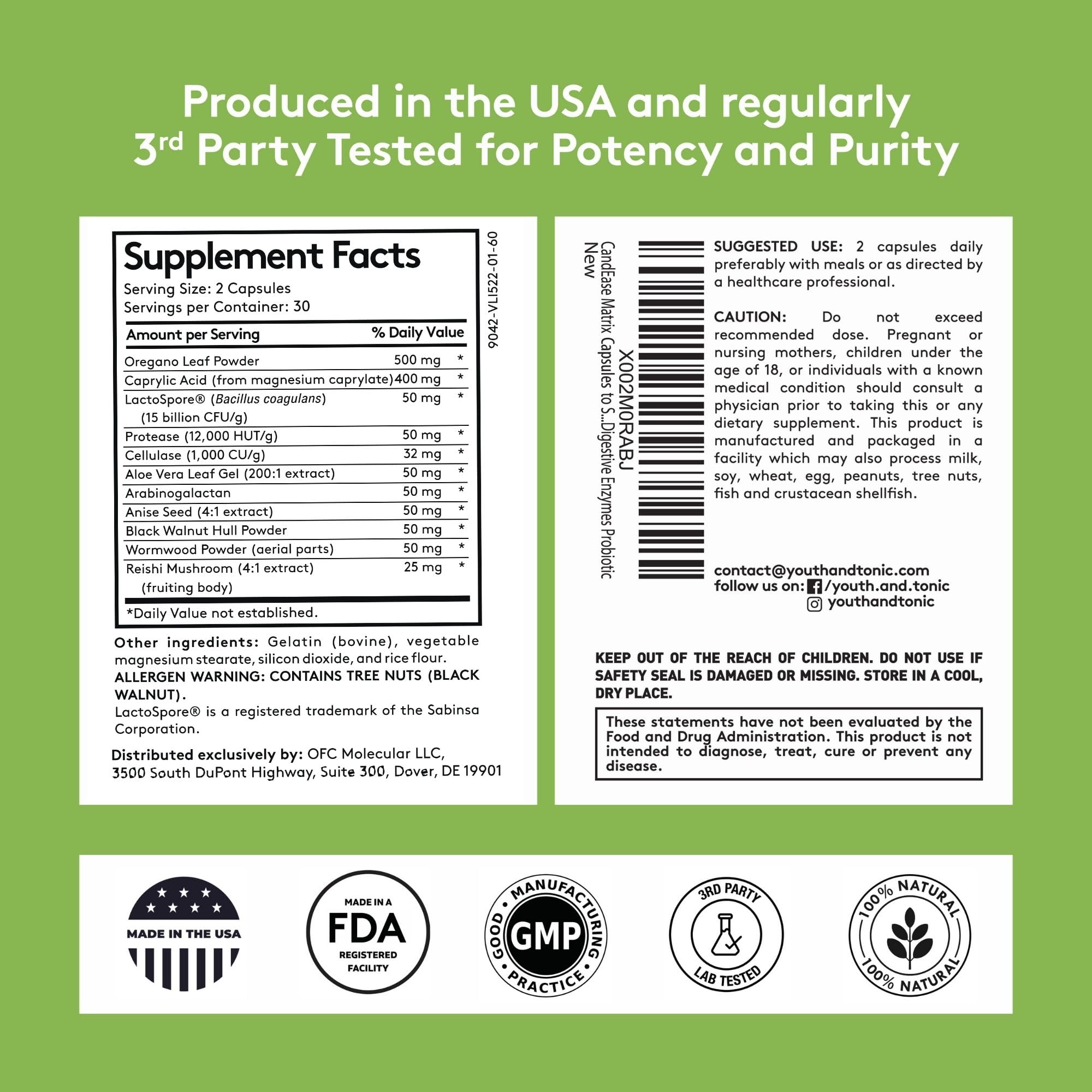 Youth & Tonic CandEase DE111 probiotic capsule underscores robust intestinal flora support.