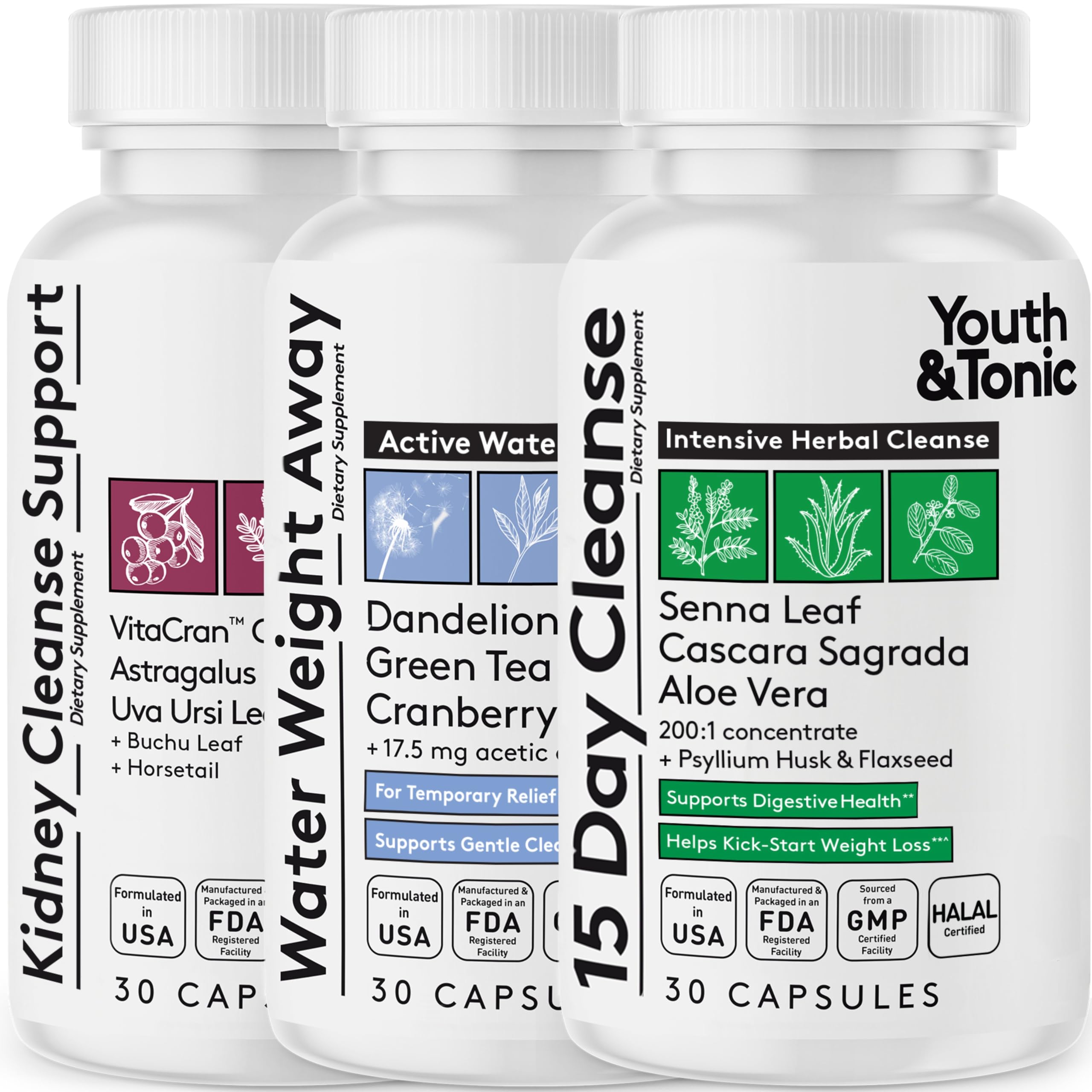 Youth & Tonic detox bottle label shows capsules for daily gut support.