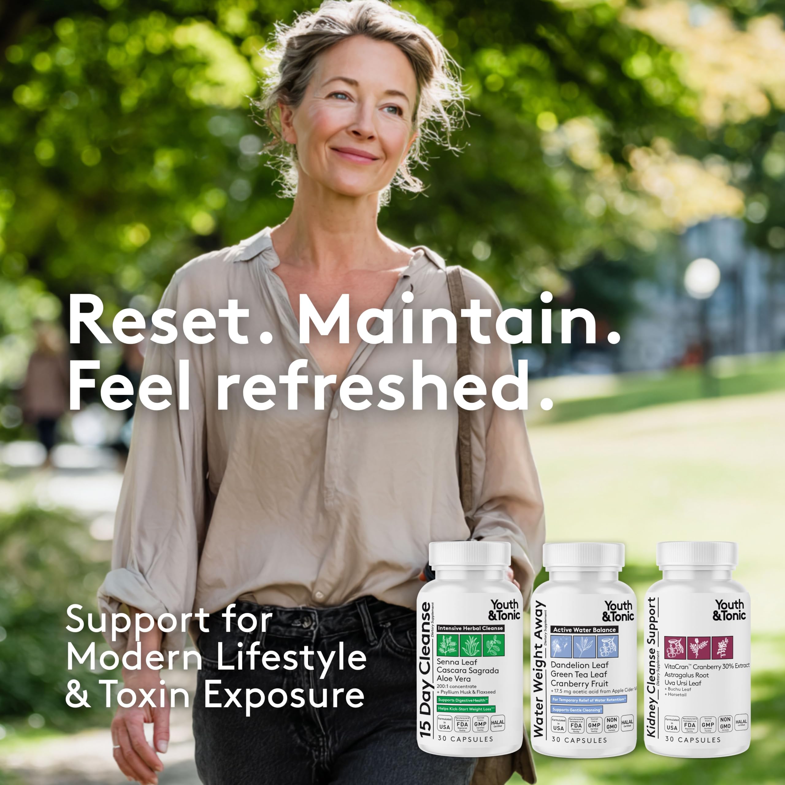 Youth & Tonic detox pills ready for daily use in a bottle.