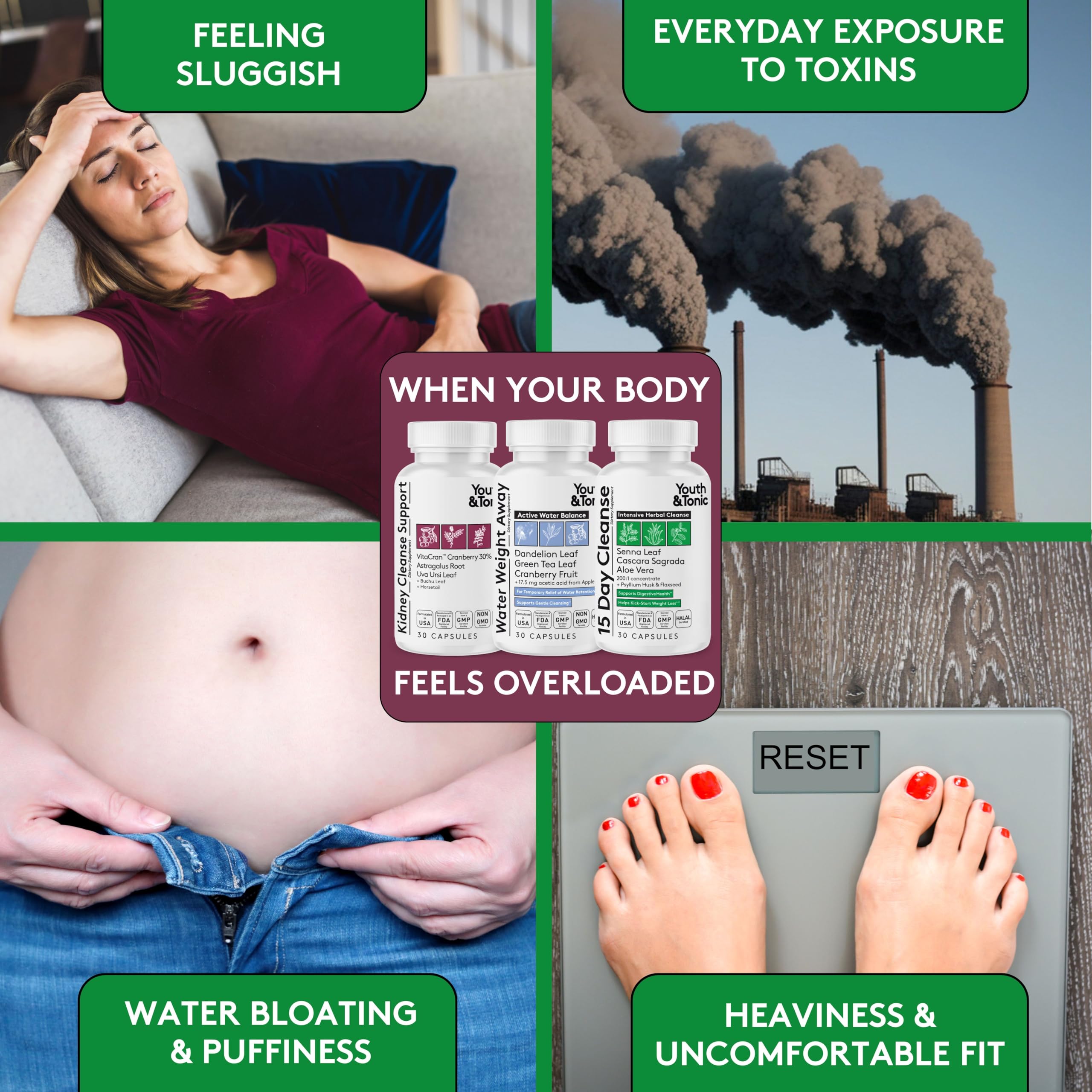 Youth & Tonic kidney cleanse capsules with cranberry extract depicted.