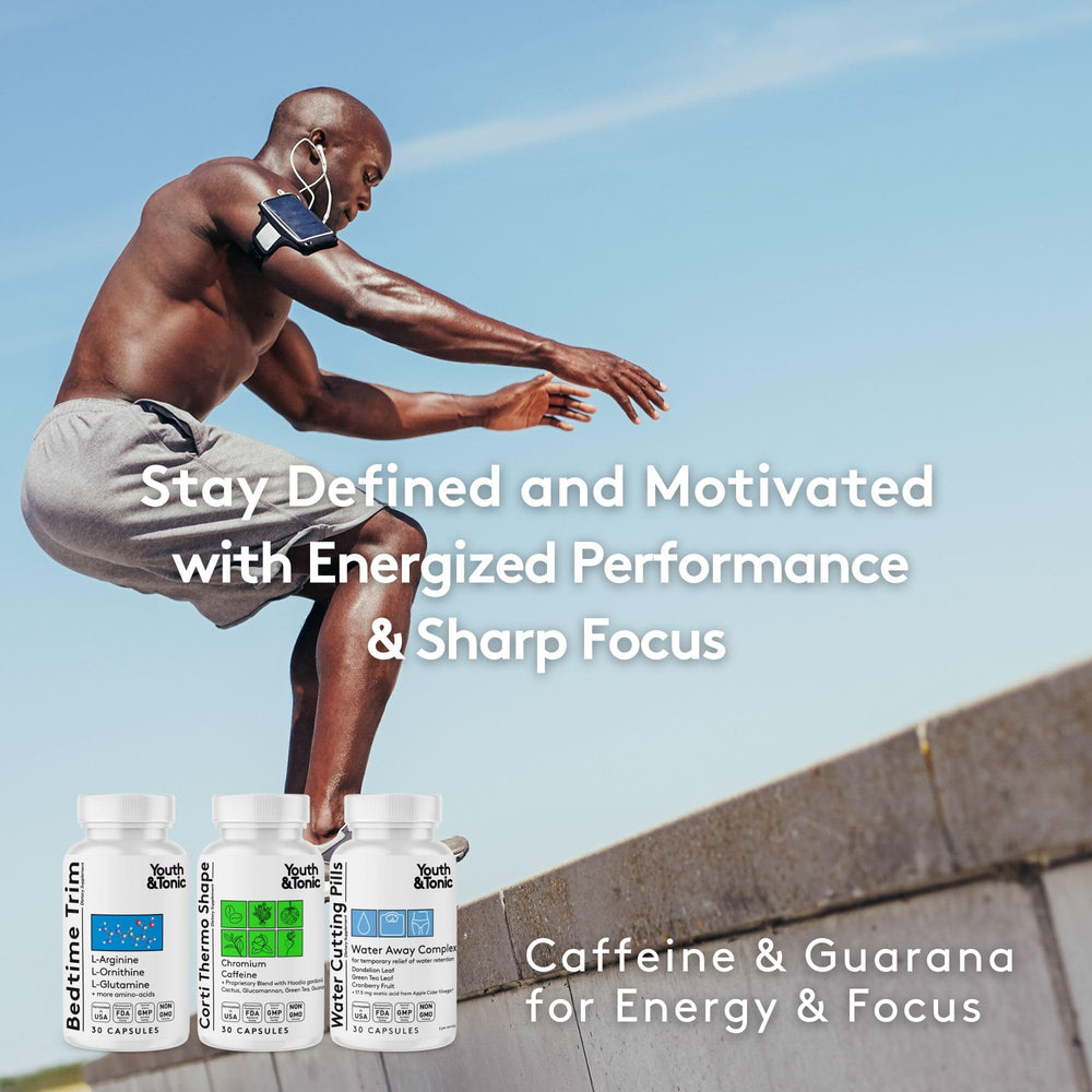 Youth & Tonic Water Weight Away capsules near a glass of water for hydration routine