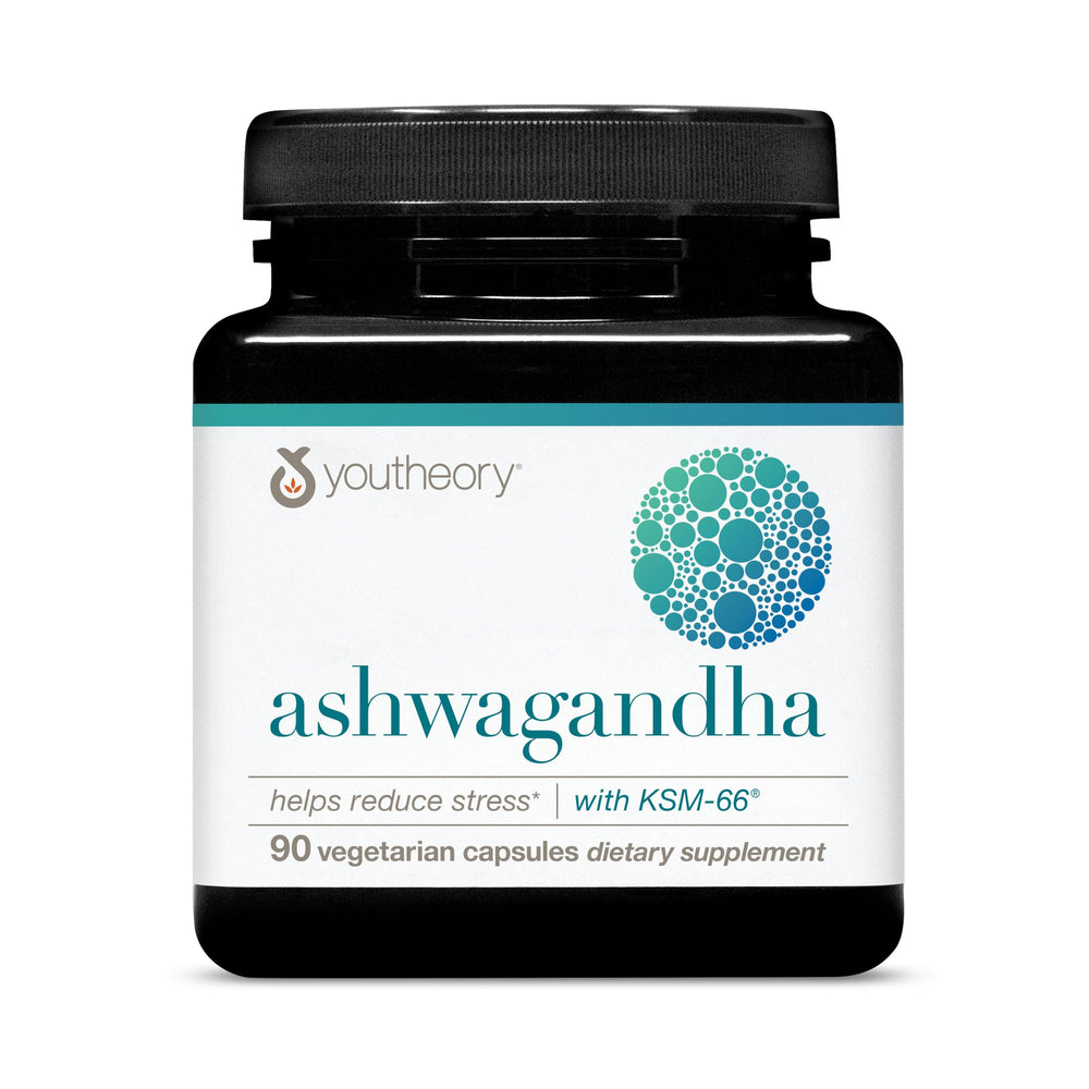 Youtheory Ashwagandha bottle for daily stress support and energy balance.