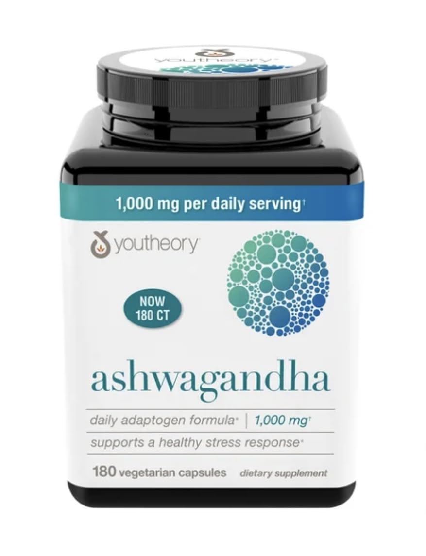 Youtheory Ashwagandha KSM-66 bottle front view supports a balanced stress response.