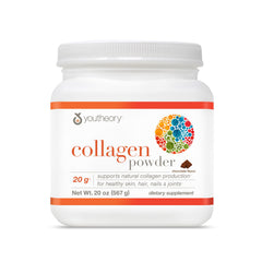Youtheory collagen powder chocolate bottle close-up showing convenient daily joint support