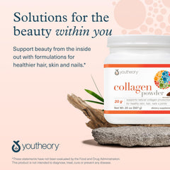 Youtheory collagen powder 20 oz tub with daily scoop and label detail