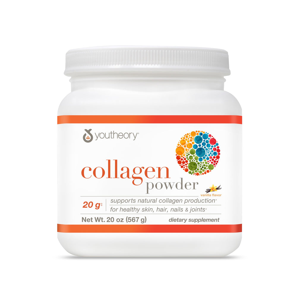 Youtheory Collagen Powder vanilla bottle for easy daily use.