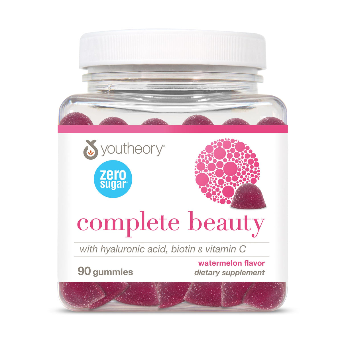 Youtheory Complete Beauty Gummies bottle cap close-up for hydration-friendly skincare