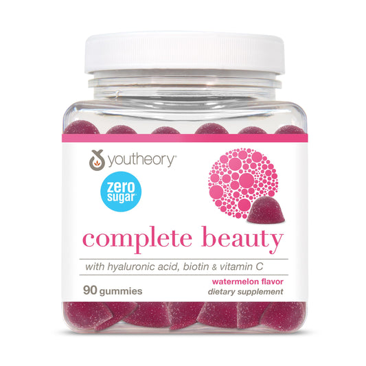 Youtheory Complete Beauty Gummies bottle cap close-up for hydration-friendly skincare