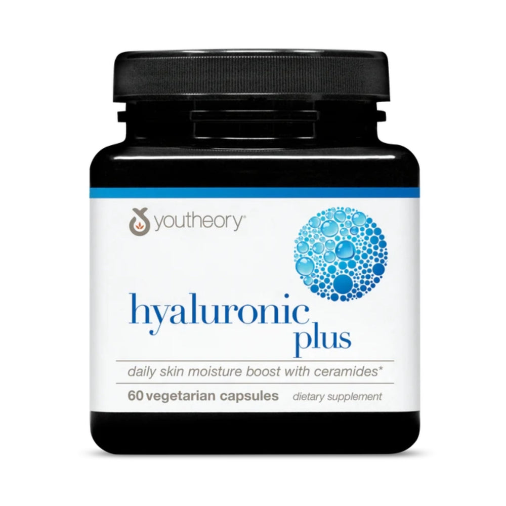 Youtheory Hyaluronic Plus capsules provide daily hydration for skin softness.