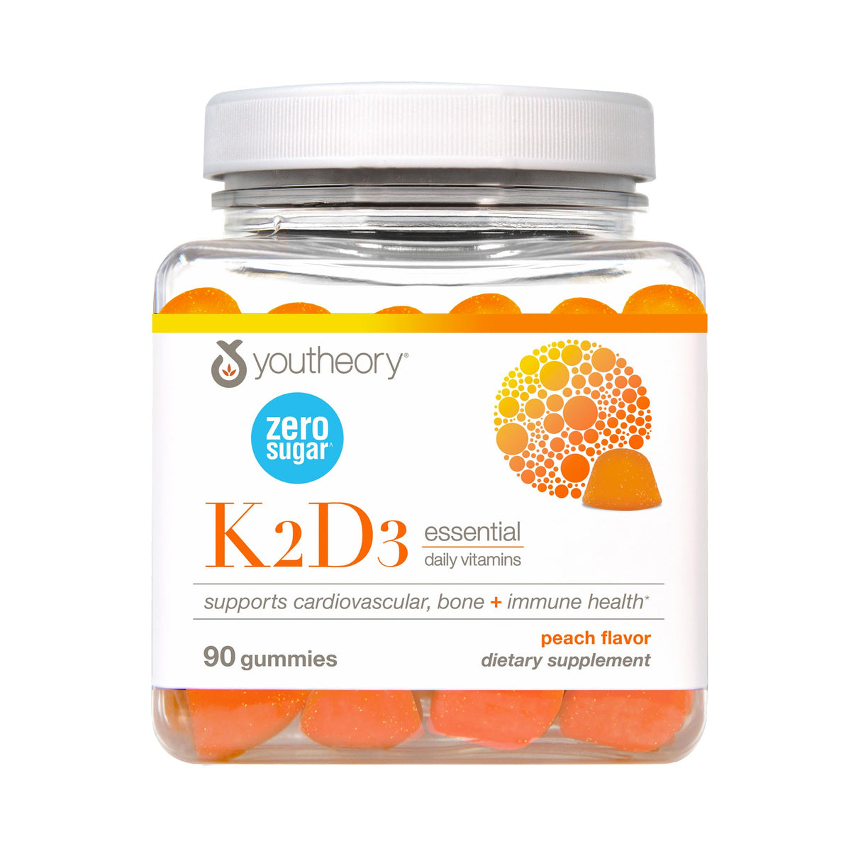 Youtheory K2D3 Zero Sugar Gummy bottle closeup highlighting calcium absorption support