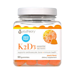 Youtheory K2D3 Zero Sugar Gummy bottle closeup highlighting calcium absorption support